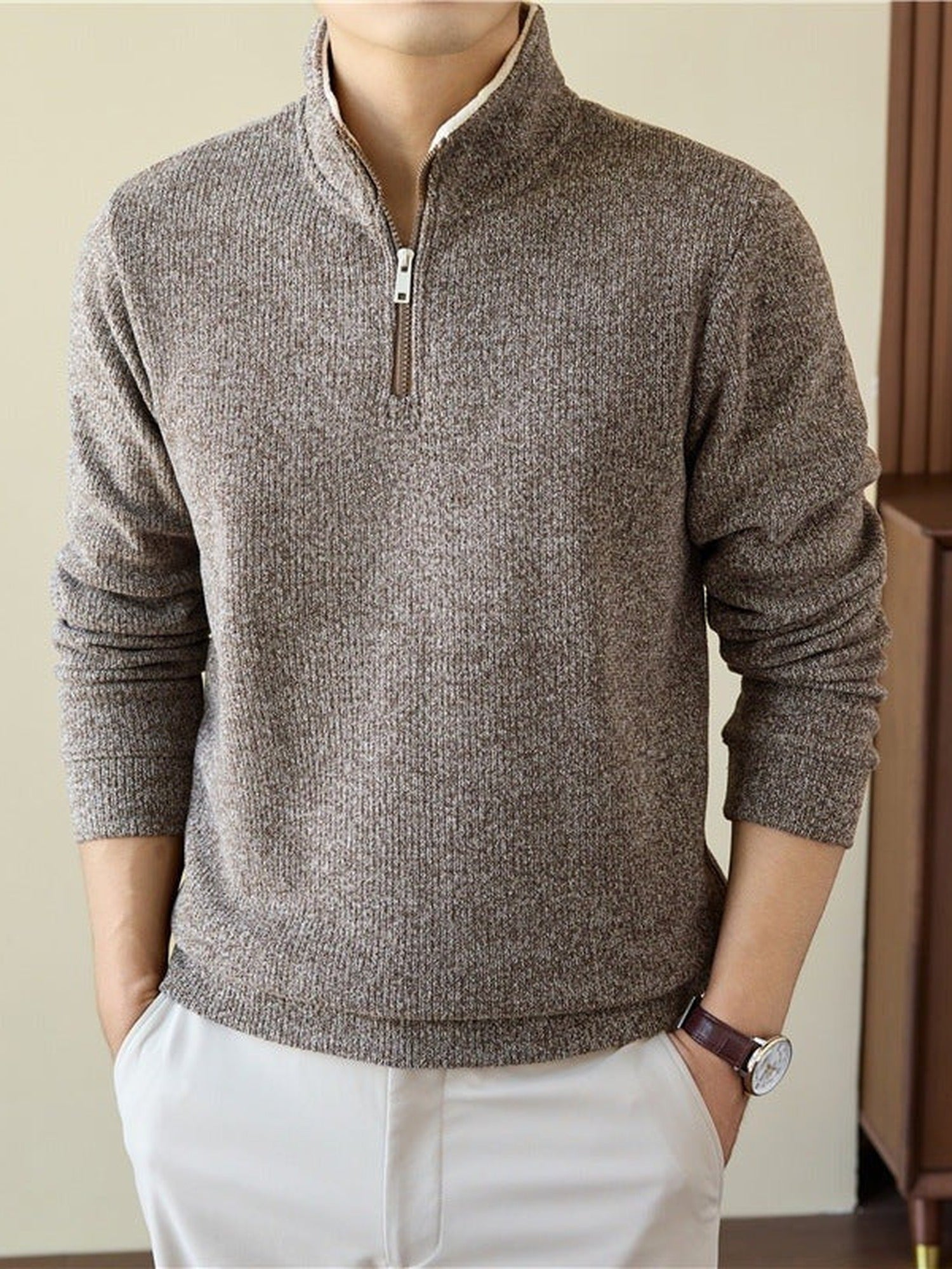 Brushed Knit Half-Zip Sweater, Stand Collar – Men – Brown – worn